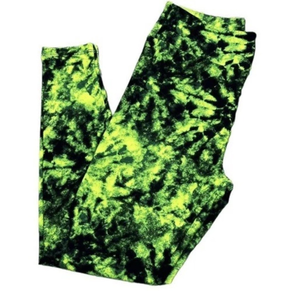 LuLaRoe Womens Leggings Size TC2 Neon Green Black Tie Dye Plus 18+ NWT